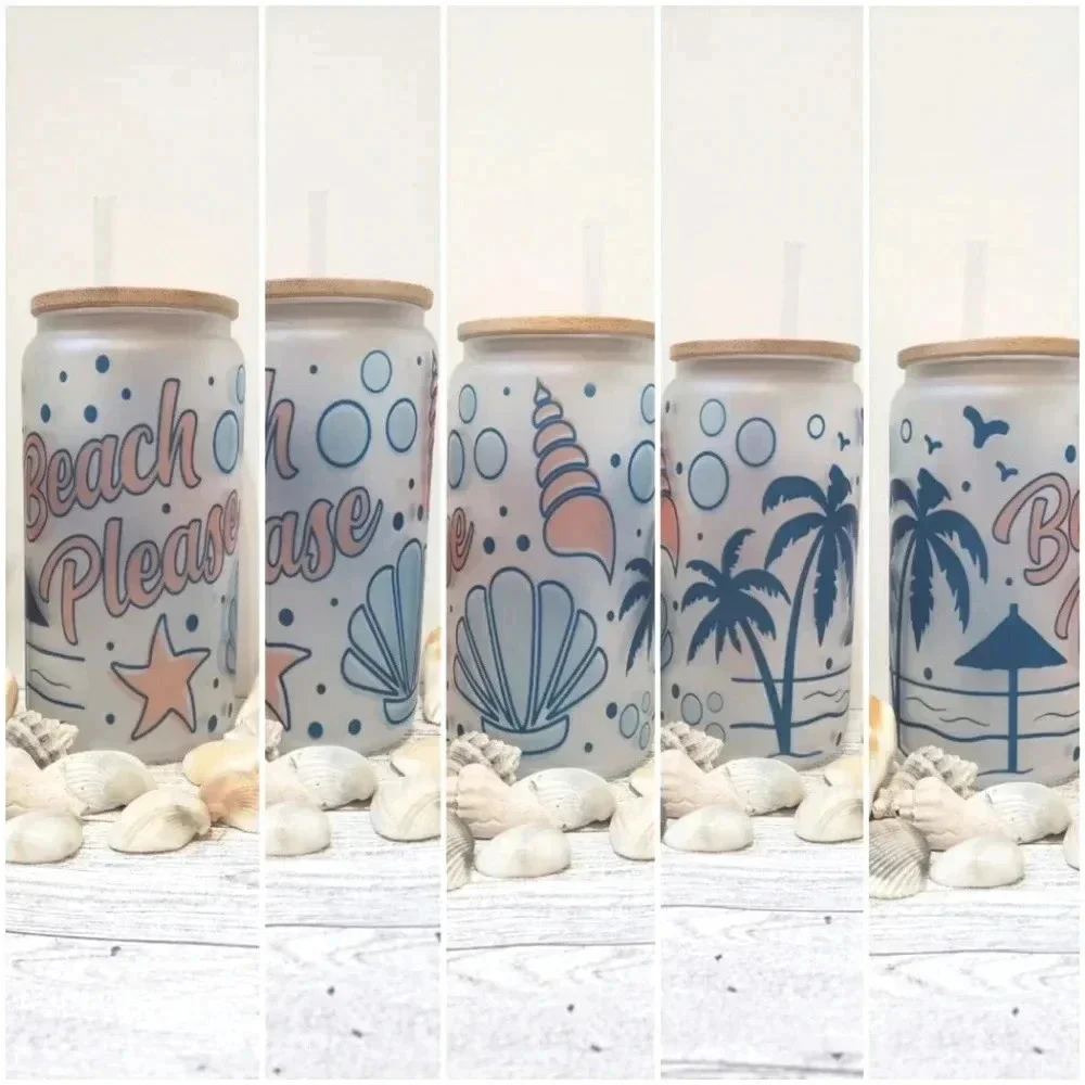 Beach please frosted glass cup includes lid and‎ plastic straw